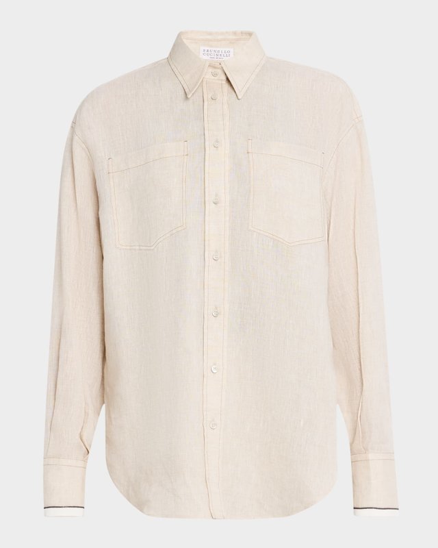 Monili-Cuff Linen Gauze Button-Down Top